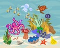 Ecosystem of coral reef with different marine inhabitants