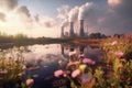 Ecosystem diversity, Thermal power plant, lotus plants, colorful cloudy panorama Royalty Free Stock Photo