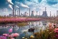 Ecosystem diversity, Thermal power plant, lotus plants, colorful cloudy panorama