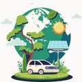 Ecosystem or Earth Day Concept With Electric Car, Solar Panel Stand, Street Lamps, Sun, Earth Globe On Nature