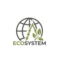 Ecosystem icon. eco friendly, ecology and environment symbol. fir tree, plant sprout and globe