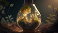 Ecosystem in light bulb, growing plants in bulb, renewable energy concept composition. Generative AI illustration