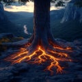 Ecosystem strategy is connected through glowing tree roots set against a surreal landscape at sunset Royalty Free Stock Photo