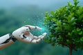 Ecotech harmony Human hand and robotic hands hold a tree Royalty Free Stock Photo