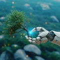Ecotech harmony Human hand and robotic hands hold a tree Royalty Free Stock Photo
