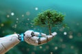 Ecotech harmony Human hand and robotic hands hold a tree Royalty Free Stock Photo