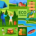 Ecotourism concept vector illustration, cartoon flat green summer tourism poster with eco travel to forest or river Royalty Free Stock Photo