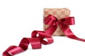 Ecru gift box with dark red satin ribbon Royalty Free Stock Photo