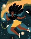 An ecstatic black woman leaping with delight against a starry night sky her eyes aglow with excitement.. AI generation