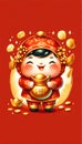 An ecstatic child, clad in a festive red Chinese costume, holds a golden ingot with a cascade of gold coins around, embodying the