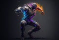 Ecstatic dance of a cyborg with splash of colours. Generative AI