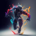 Ecstatic dance of a cyborg with splash of colours. Generative AI