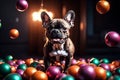 Ecstatic Frenchie delighting in play with colorful balls