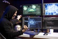 Ecstatic hacker celebrating after bypassing security using USB virus Royalty Free Stock Photo