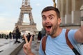 Ecstatic man taking a selfie in the Eiffel Tower, Paris Royalty Free Stock Photo