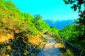 View at a mountain near Lago di Fiastra with juniper, oak tree, fenced path and Sibillini Royalty Free Stock Photo