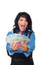 Ecstatic woman giving Romanian banknotes
