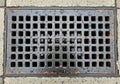Ectangular metal grate with a grid pattern of square openings, set in a Royalty Free Stock Photo