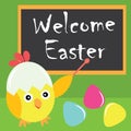 Ector cartoon of cute chick as a teacher and colorful egg