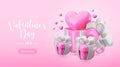 Vector 3d Happy Valentines Day Sale banner concept. Cute template with cartoon love gift box, hearts, text and shop Royalty Free Stock Photo