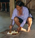 Local Quechua Ecuadorian indigenous woman crushes a type of manioc, yucca, in a traditional method