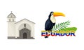 Ecuador national symbols set. Church building and toucan bird vector illustration
