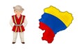 Ecuador national symbols set. Map in Ecuadorian flag colors and boy in traditional costume vector illustration