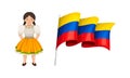 Ecuador national symbols set. Waving Ecuadorian flag and girl in traditional costume vector illustration