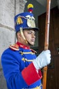 A Ecuadorian guard stands on duty at the entrance to Carondelet Palace in Quito in Ecuador in South America.