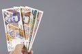 Ecuadorian money in the hand on a gray background