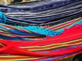 Ecuadorian multi-colored hammocks hanging in street market. Royalty Free Stock Photo