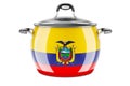 Ecuadorian national cuisine concept. Ecuadorian flag painted on the stainless steel stock pot. 3D rendering