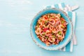 Ecuadorian shrimps ceviche sebiche with tomatoes in blue bowl, wooden blue background. Traditional ecuadorian colombian Royalty Free Stock Photo