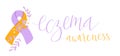 Eczema National Awareness Month October handwritten lettering and purple and orange support ribbon. Web banner vector