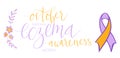 Eczema National Awareness Month October handwritten lettering and purple and orange support ribbon. Web banner vector