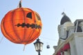 Ed Halloween lantern is hanging beside a castle in the Vinpearland Royalty Free Stock Photo