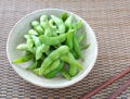 Edamame nibbles, boiled green soy beans Royalty Free Stock Photo