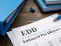 EDD enhanced due diligence papers and blue folder. Royalty Free Stock Photo