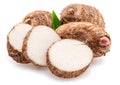 Eddoe or taro tubers and its slices isolated on white background