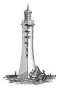 Eddystone Lighthouse, In England, United Kingdom, Vintage Engraved Illustration
