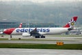 Edelweiss Air planes taking off from Zurich Airport, ZRH Royalty Free Stock Photo