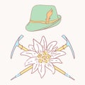 Edelweiss tyrolean hat alpenstock flower symbol alpinism alps germany logo Royalty Free Stock Photo