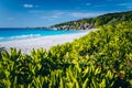 Eden Picturesque Grand Anse, La Digue island, Seychelles. Lush green vegetation frame white sand paradise beach with Royalty Free Stock Photo