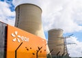 EDF sign and cooling towers of the nuclear power plant of Nogent-sur-Seine, France Royalty Free Stock Photo