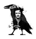 Edgar Allan Poe, drawing on isolated white background for print and web.Black and white composition and calligraphy for the