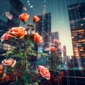 Edge computing conjuring roses from pixels, in a smart city\'s eternal spring Royalty Free Stock Photo