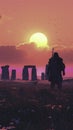 A Wizards and Triads in augmented reality silhouettes Stonehenge at sunset