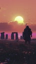A Wizards and Triads in augmented reality silhouettes Stonehenge at sunset Royalty Free Stock Photo