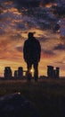 Edge computing at sunrise wizards and Triads in augmented reality silhouettes Stonehenge at sunset