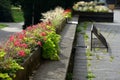 On the edge of the elevated terrace overlooking the park is a concrete long flowerpot with a concrete bench. is part of the city c